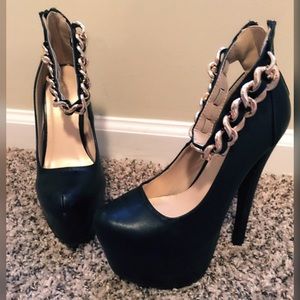 Black Platform Heels with Gold Ankle Chain